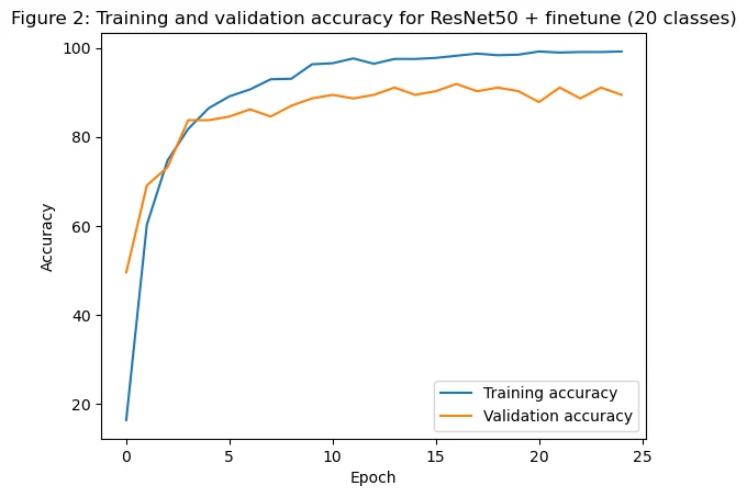Twenty-one-class ResNet50 training and validation accuracy